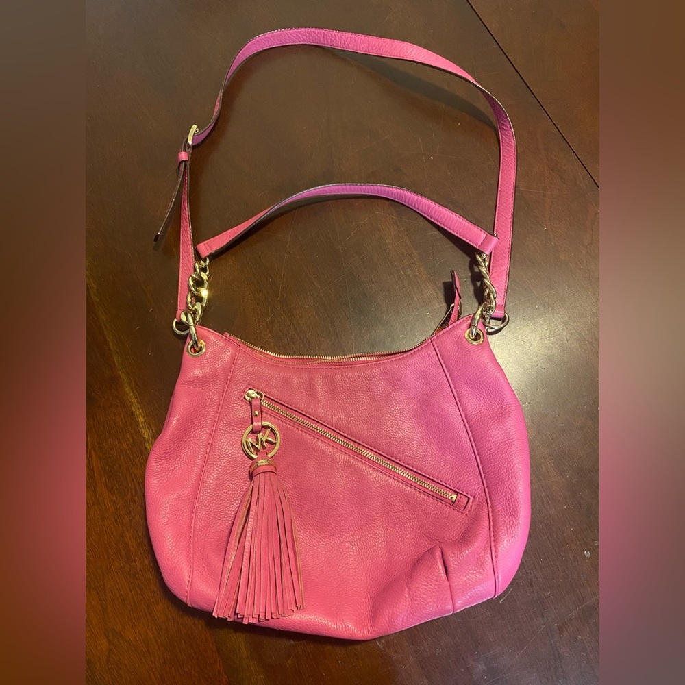 Michael Kors pink pebbled leather tassel charm hobo satchel